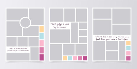 Collage template. Moodboard layout. Mood board background. Mosaic pictures album grid. Scrapbook images. Set photo frames. Vertical poster design with colour palette and quote. Vector illustration