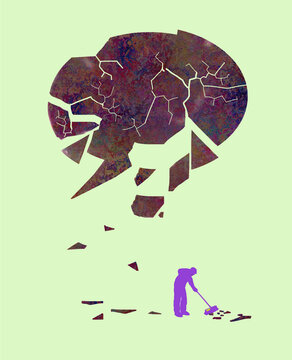 Man sweeping up pieces of broken speech bubble symbolizing lies and fake news