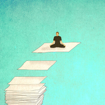 Man meditating on floating sheet of paper