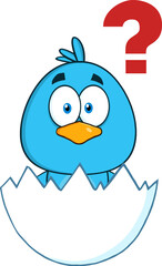 Surprised Blue Bird Cartoon Character Hatching From An Egg. Hand Drawn Illustration Isolated On Transparent Background