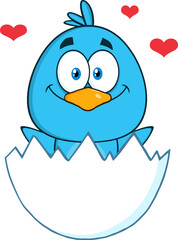 Happy Blue Bird Cartoon Character Hatching From An Egg With Hearts. Hand Drawn Illustration Isolated On Transparent Background