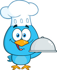 Chef Blue Bird Cartoon Character Holding A Platter. Hand Drawn Illustration Isolated On Transparent Background