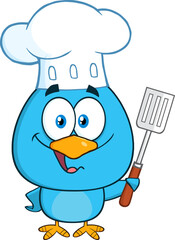 Chef Blue Bird Cartoon Character Holding A Slotted Spatula. Hand Drawn Illustration Isolated On Transparent Background