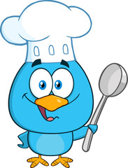 Chef Blue Bird Cartoon Character Holding A Spoon. Hand Drawn Illustration Isolated On Transparent Background