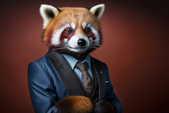 Portrait of a red panda dressed in a formal business suit, character, generative ai