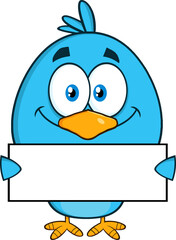 Smiling Blue Bird Cartoon Character Holding A Blank Sign. Hand Drawn Illustration Isolated On Transparent Background