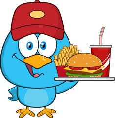 Cute Blue Bird Cartoon Character Holding A Platter With Burger, French Fries And A Soda. Hand Drawn Illustration Isolated On Transparent Background