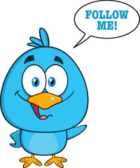 Cute Blue Bird Cartoon Character Waving With Speech Bubble And Text. Hand Drawn Illustration Isolated On Transparent Background