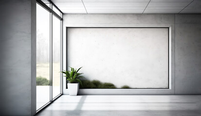 Fototapeta na wymiar Minimal Nordic style entrance space with modern concrete wall interior and big empty blank mockup frame on the wall - Generative AI