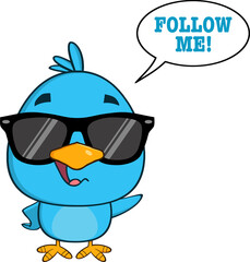 Cute Blue Bird With Sunglasses Cartoon Character Waving With Speech Bubble And Text. Hand Drawn Illustration Isolated On Transparent Background