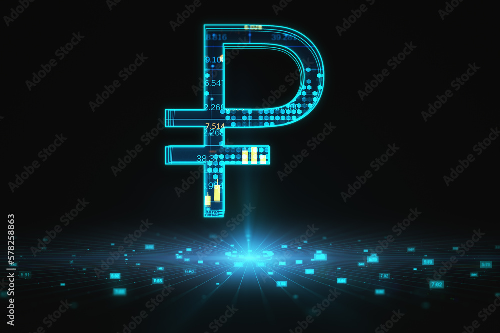Leinwandbilder money exchange and finance concept with blue russian ruble symbol with financial chart indicators on