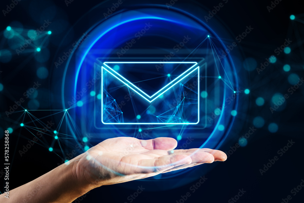 Poster Mail, email and network communication concept with digital glowing envelope symbol in abstract sphere above human hand palm on abstract dark background with blurred dots