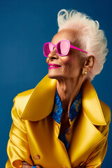 fashion model wearing sunglasses, Portrait of an old woman with a modern and bold look with vivid colors, image created with ia