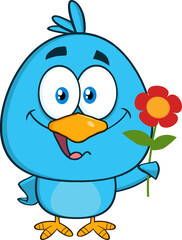 Happy Blue Bird Cartoon Character With A Red Daisy Flower. Hand Drawn Illustration Isolated On Transparent Background