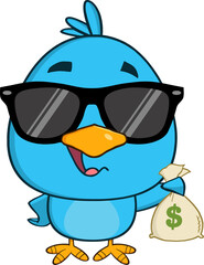 Cute Blue Bird With Sunglasses Cartoon Character Holding A Bag Of Money. Hand Drawn Illustration Isolated On Transparent Background