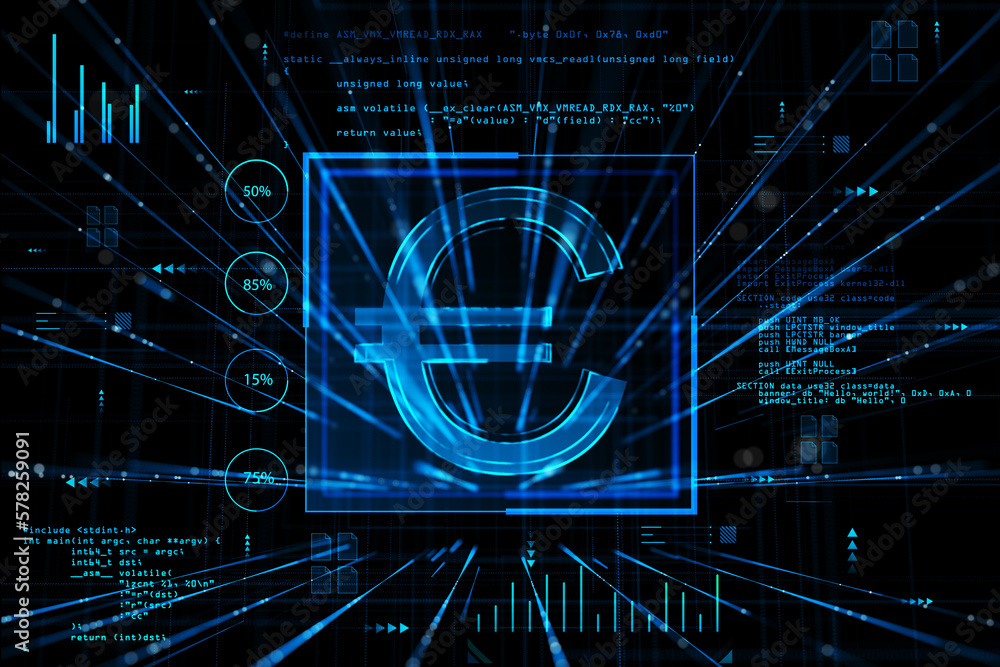 Poster Money exchange and finance concept with blue glowing euro symbol in frame on dark background with coding fragment and data indicators. 3D rendering