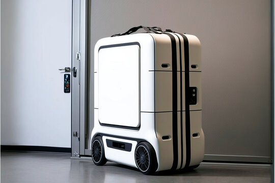 suitcase for travel, Next-level travel: Introducing the AI-powered suitcase, Image of a futuristic suitcase at an airport. image created with ia