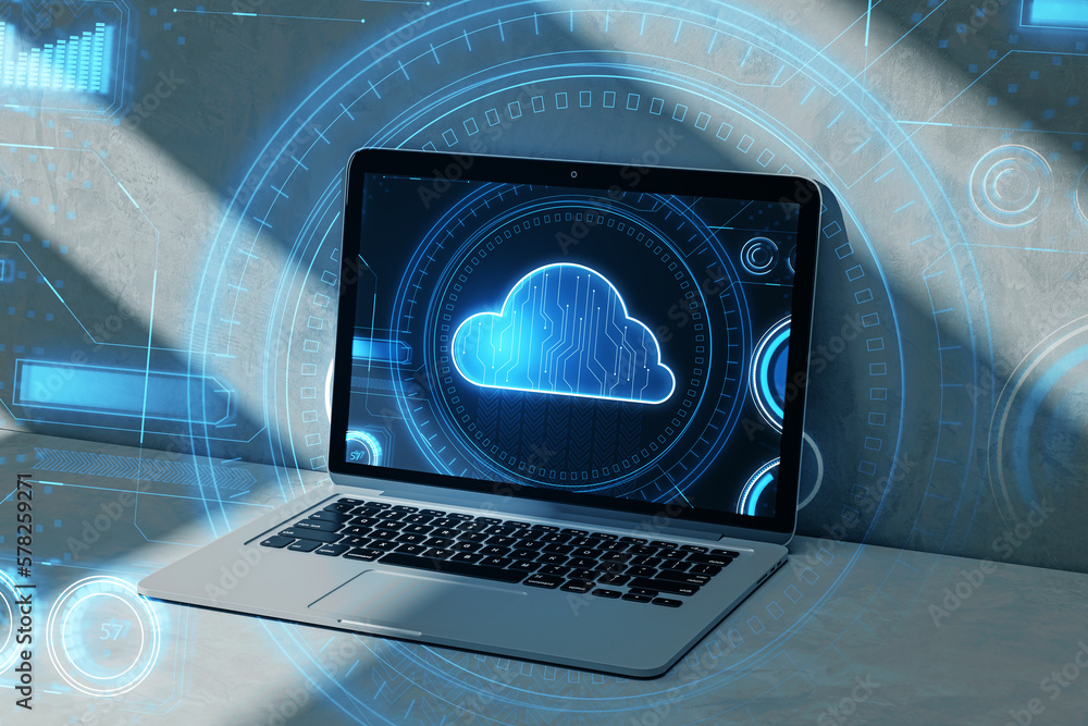 Poster Close up of laptop on desktop with glowing cloud computing hologram. Database concept. 3D Rendering.