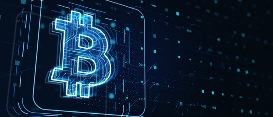 Cryptocurrency and digital money concept with bitcoin icon in frame on dark technological background with space for your advertising poster or text. 3D rendering, mock up