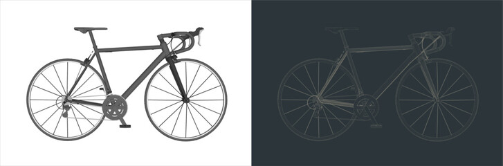 Fototapeta na wymiar Vector Roadbike - Bicycle Technical Illustration line art on the blueprint
