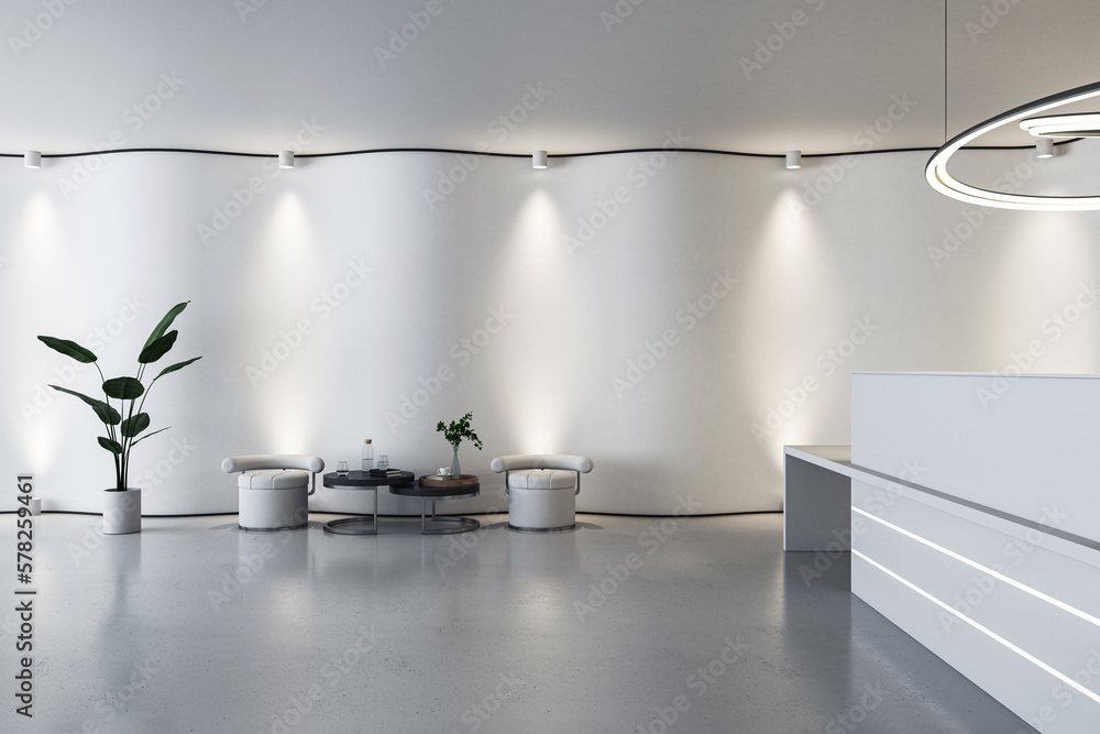 Aufkleber Front view on stylish waiting area on white wall background with armchairs on glossy concrete floor and reception desk under modern chandelier. 3D rendering