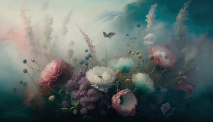 Fototapeta na wymiar landscape with clouds and flowers background generative AI