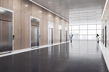 Perspective view on modern blank business center corridor area with wooden wall and place for product presentation on dark glossy floor between elevators on city view background. 3D rendering, mock up