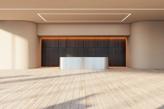 Blank light sunlit wooden floor with space for product presentation in spacious modern interior design hall with metallic reception desk and dark wall background. 3D rendering, mock up