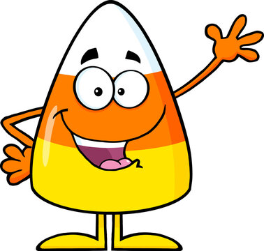 Cute Candy Corn Cartoon Character Waving. Hand Drawn Illustration Isolated On Transparent Background