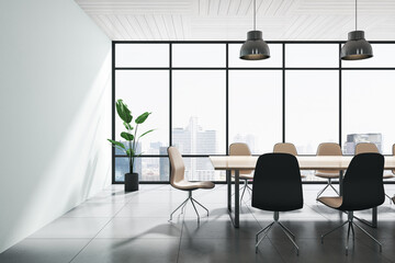 Bright concrete and wooden meeting room office interior with panoramic windows, city view, lamps and furniture. 3D Rendering.