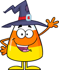 Happy Candy Corn Cartoon Character With A Witch Hat Waving. Hand Drawn Illustration Isolated On Transparent Background