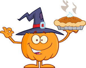Smiling Witch Pumpkin Cartoon Character Holding Up A Pie. Hand Drawn Illustration Isolated On Transparent Background