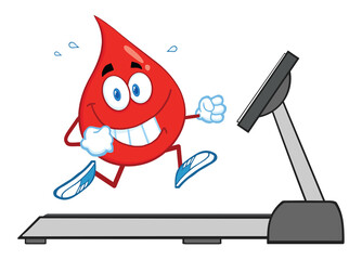 Healthy Blood Drop Cartoon Character Running On A Treadmill. Hand Drawn Illustration Isolated On Transparent Background