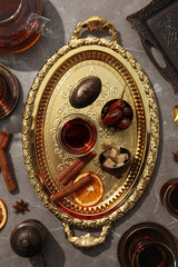 Concept of traditional turkish brewed hot drink, turkish tea, top view