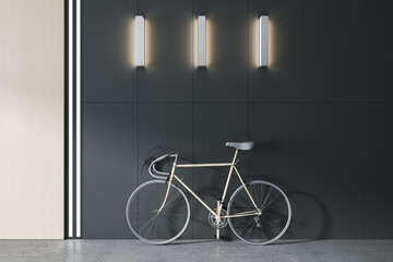 Modern interior with bike and lamps. Design and loft decor concept. 3D Rendering.