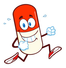 Smiling Pill Capsule Cartoon Character Running. Hand Drawn Illustration Isolated On Transparent Background