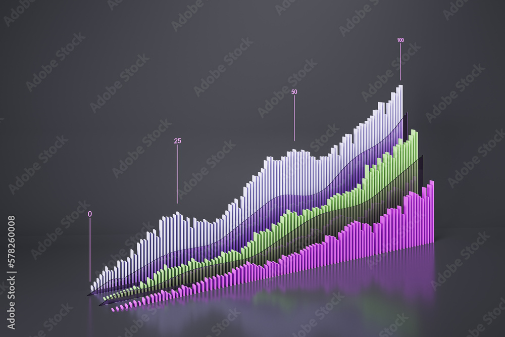 Poster economy growth, investing and finance concept with perspective view on level indicators above digita