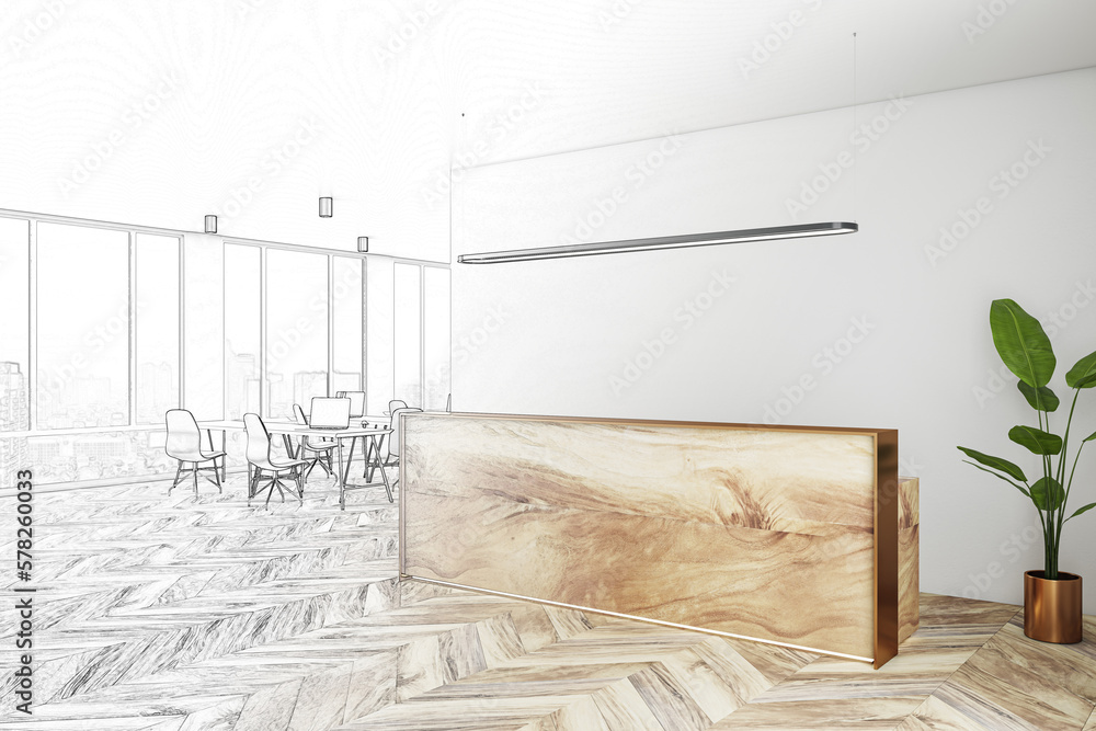 Poster modern coworking office interior design project development with workspace area layout and reception