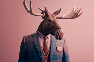 Portrait of a moose dressed in a formal business suit, character, generative ai