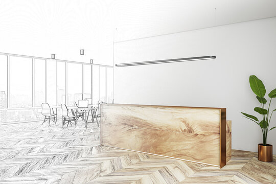 Modern Coworking Office Interior Design Project Development With Workspace Area Layout And Reception Desk Made From Wooden Slab On Light Wall Background. 3D Rendering