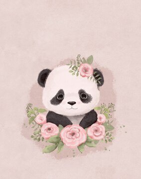 Illustration of a cute panda with flowers, simatic animal asian bear