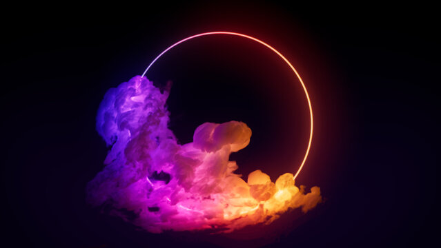 Cloud Formation Illuminated with Pink and Yellow Fluorescent Light. Dark Environment with Circle shaped Neon Frame.
