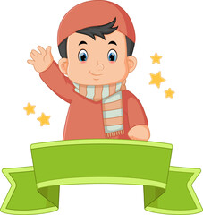 a cute Muslim boy waving a sign to say hello