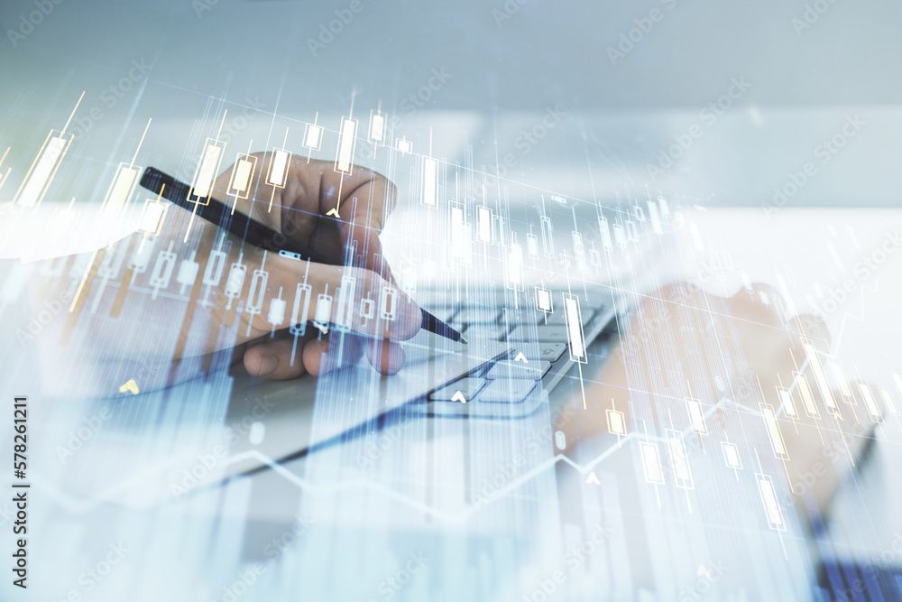 Poster multi exposure of abstract financial graph with hand writing in notebook on background, financial an