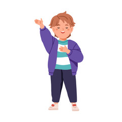 Cute kid singing song. Little child singer performing, standing and gesturing with hands. Happy talented boy, expressive emotional music student. Flat vector illustration isolated on white background