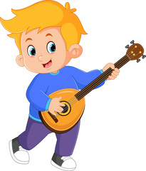 a cute boy dancing and playing a mandolin instrument