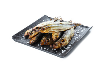 Concept of tasty food - smoked fish, isolated on white background
