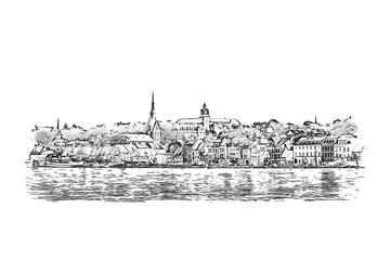 Cityscape of Flensburg. Panorama of a small European town in Northern Germany, pencil style sketch illustration.