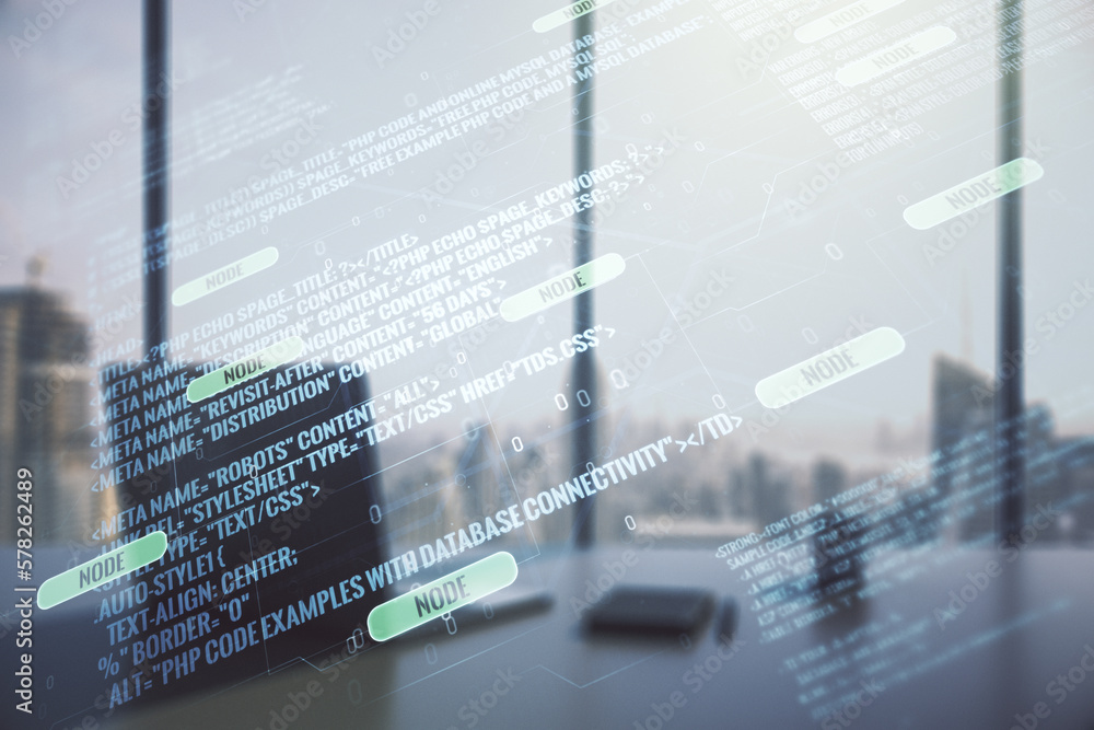 Poster double exposure of abstract programming language and modern desktop with laptop on background, resea