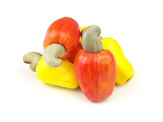 Raw red and yellow cashew fruits with nuts isolated on white background. 